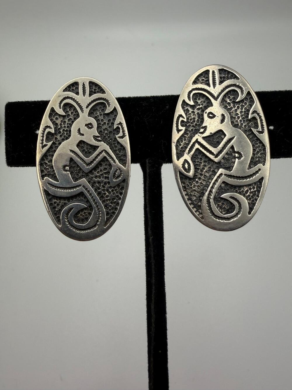 vintage Southwestern or Hopi-style sterling silver earrings engraved Kokopelli